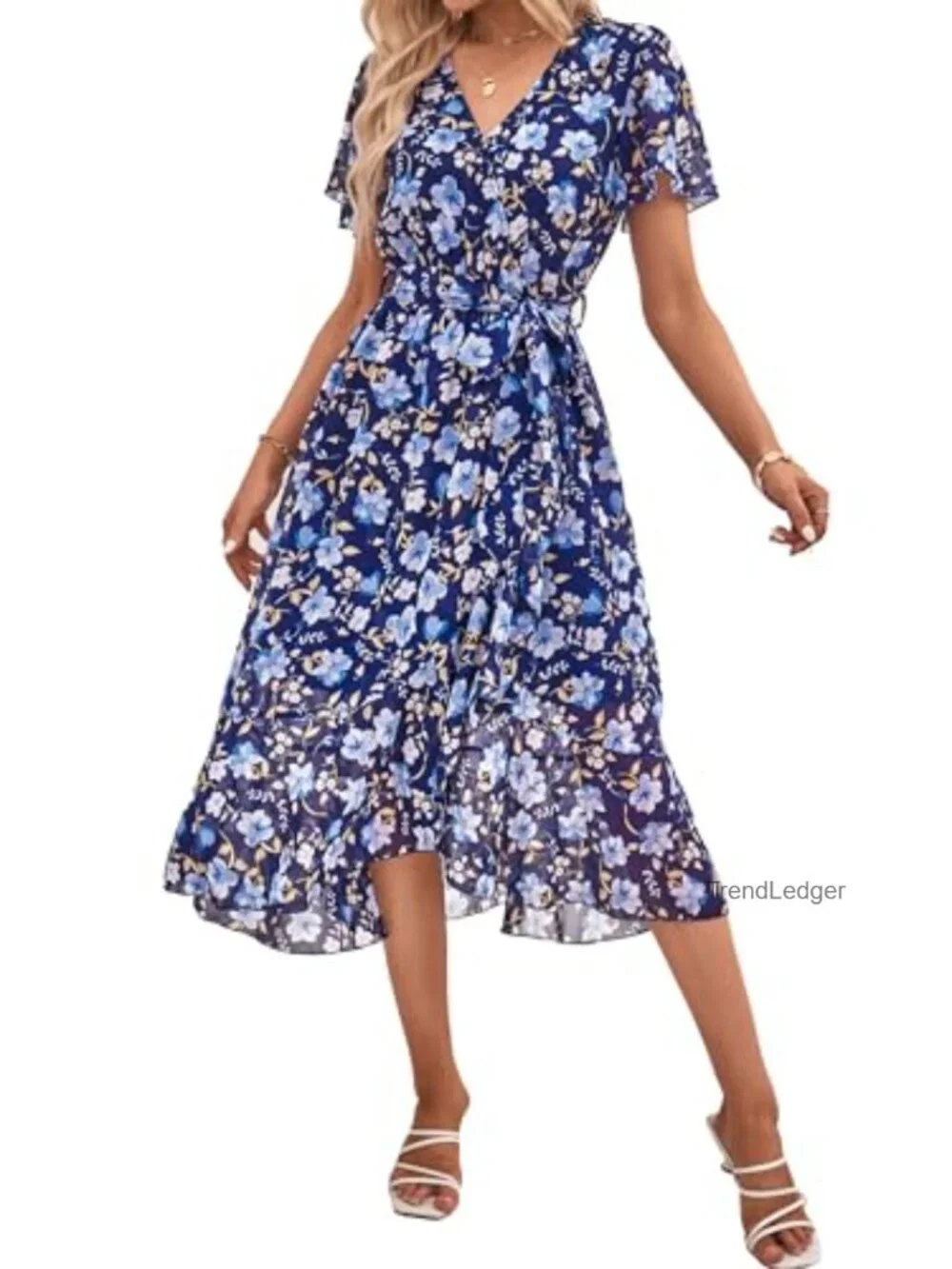 Women's Boho Floral Maxi Dress Short Sleeve Wrap V Neck Ruffle Tiered Chiffon